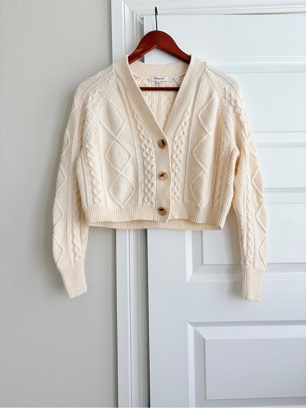 Madewell Wool Cable Knit Cropped Cardigan XXS Cream Ivory Coastal Preppy